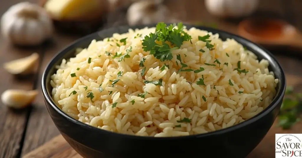 Fluffy golden homemade garlic rice in a black saucepan, garnished with parsley.