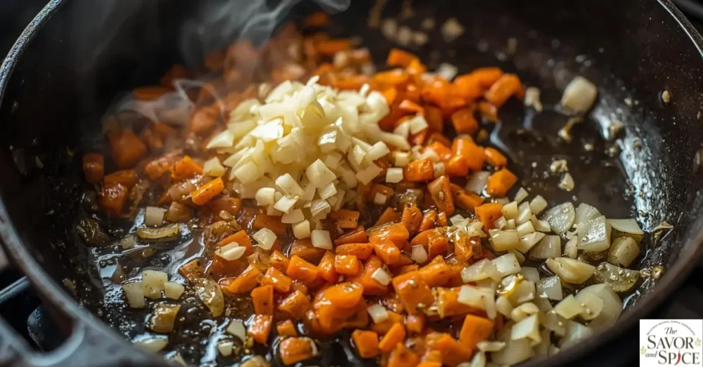 Sautéing onions, garlic, and carrots for easy ratatouille recipe in a pan with olive oil.