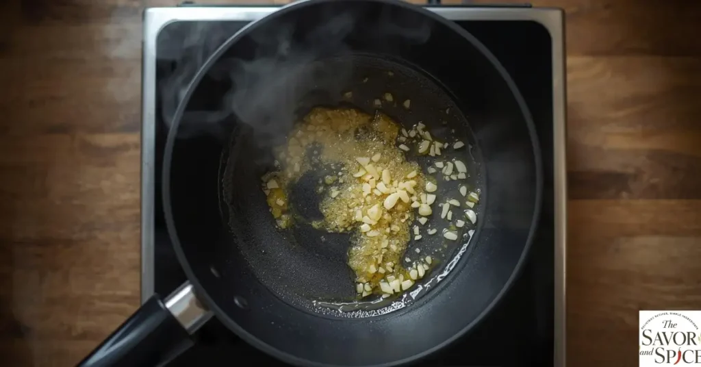 Sautéing minced garlic in butter in a pan on the stove for Homemade  Garlic Rice Recipe.
