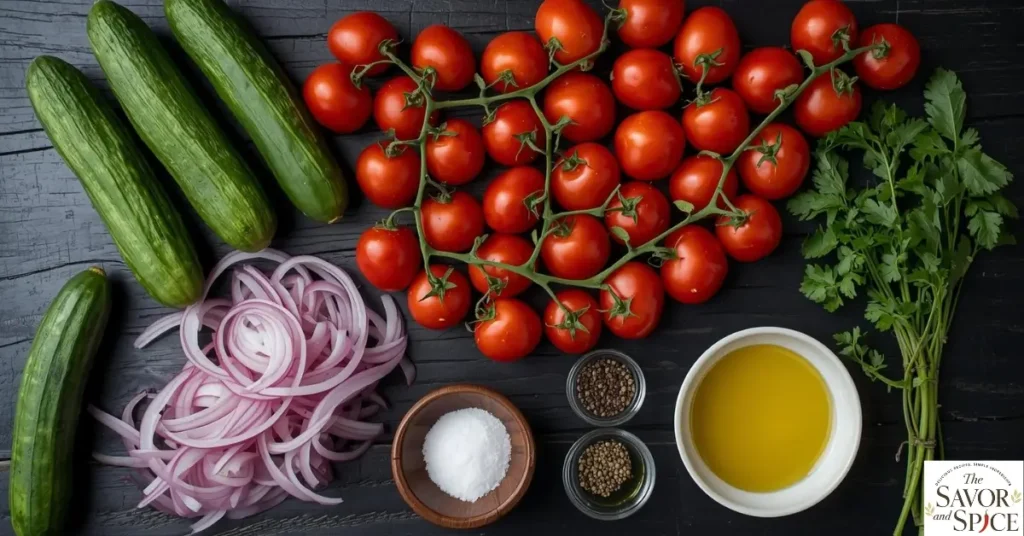 Healthy Cucumber Tomato Salad Ingredients on a wooden table.