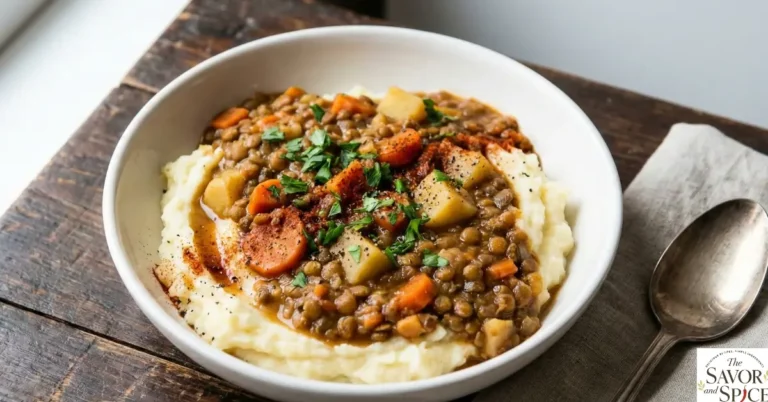 Lentil stew over mashed potatoes served in a white bowl on a rustic table.