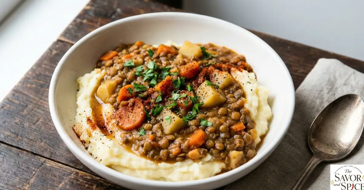 Lentil stew over mashed potatoes served in a white bowl on a rustic table.