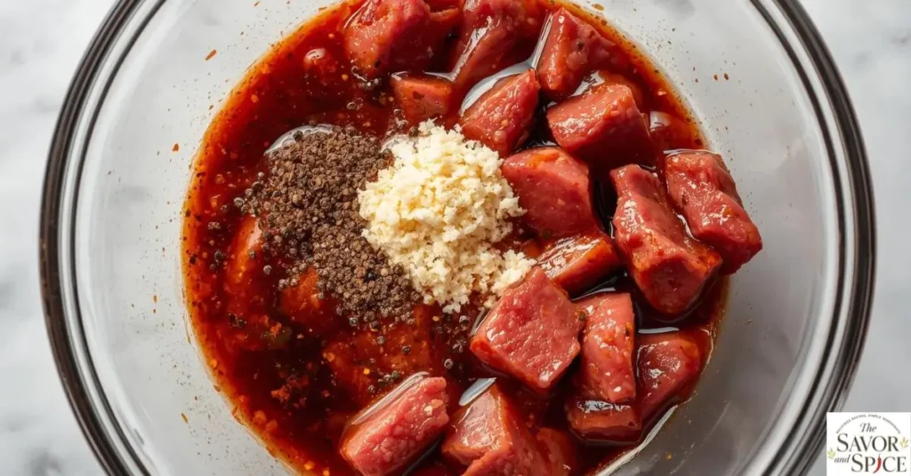 Marinated beef for healthy Beef Stir Fry recipe with soy sauce and cornstarch.