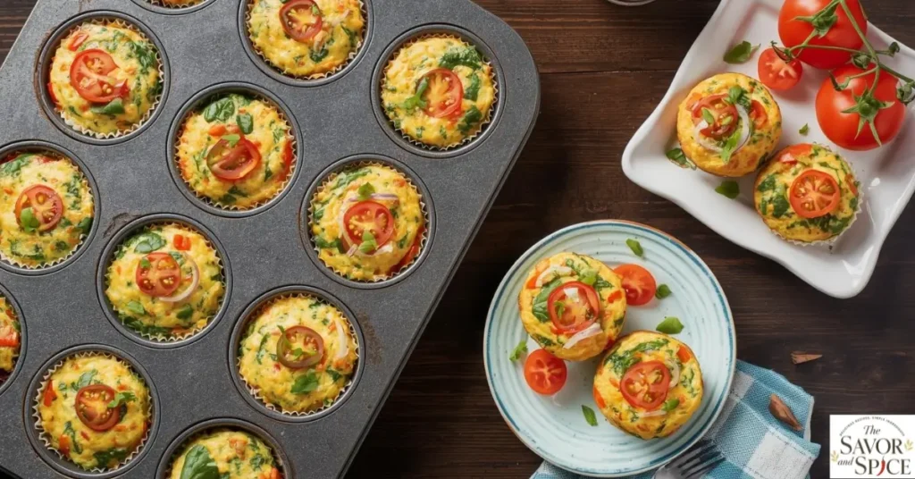 Mini veggie frittata muffins with bell peppers, spinach, and cherry tomatoes.