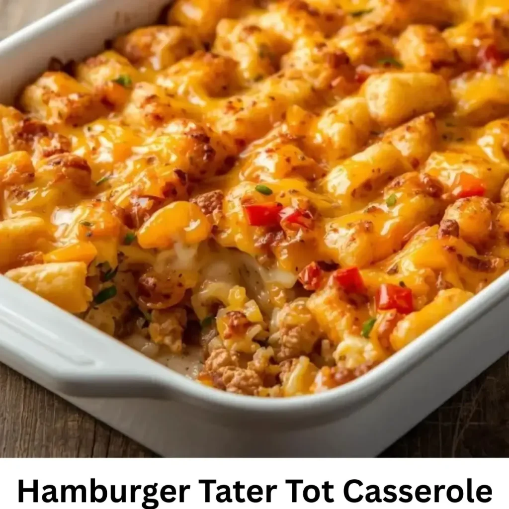 One-Pot Hamburger Tater Tot Casserole with melted cheese and golden tater tots.