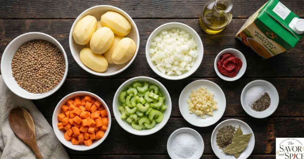 Ingredients for One-pot lentil stew over mashed potatoes arranged on a wooden table.