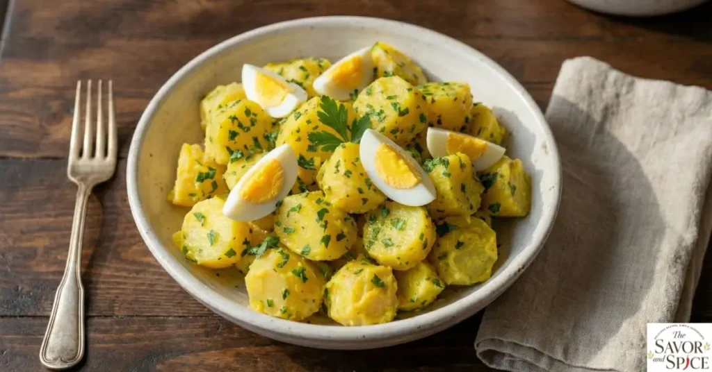 Creamy Peruvian Yellow Potato Salad with Ají Amarillo and chopped parsley in a rustic white bowl on a dark brown kitchen table, homemade style.