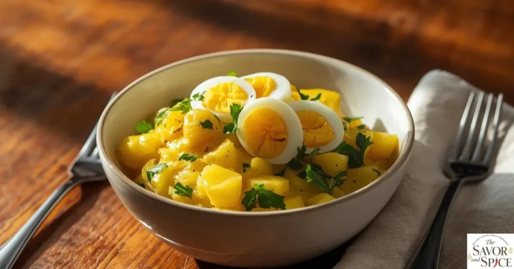 Healthy Peruvian Yellow Potato Salad in a white bowl, creamy and tangy with Greek yogurt, Ají Amarillo, and chopped parsley, served on a dark wooden table.