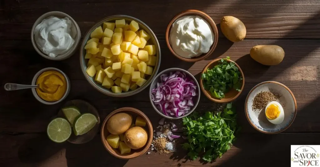 Fresh ingredients for Peruvian Yellow Potato Salad, including yellow potatoes, Greek yogurt, Ají Amarillo, red onion, eggs, lime, and parsley on a dark wooden table.