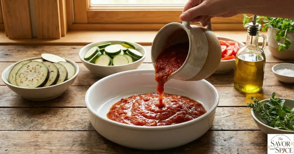 Pouring tomato sauce into baking dish and preparing to layer eggplant, zucchini, and tomatoes for easy homemade ratatouille recipe.