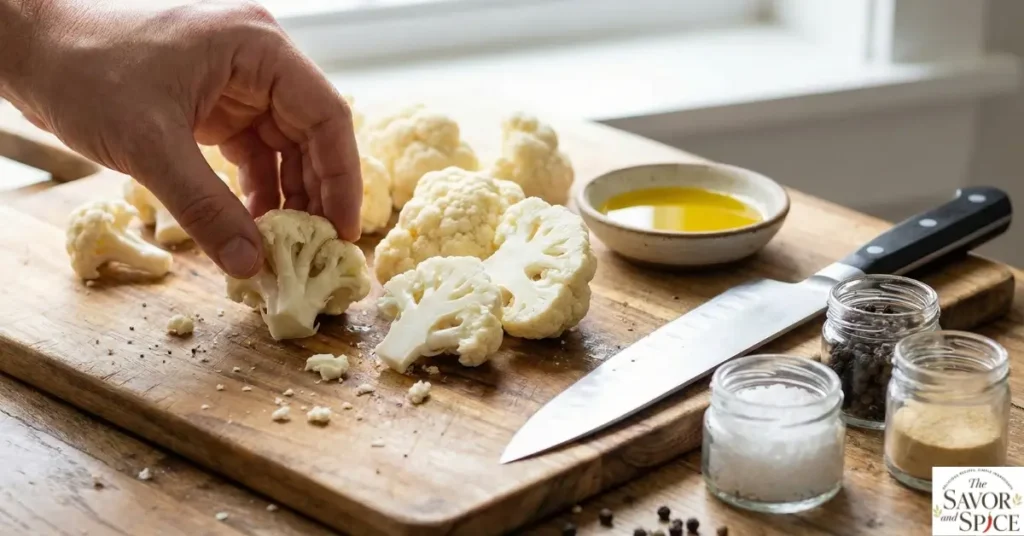 Cauliflower florets being prepared on a cutting board for air fryer buffalo cauliflower bites.