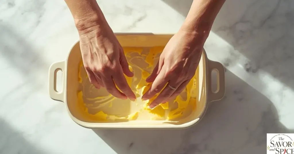 Preparing a baking dish to make Chicken Bacon Ranch Casserole.