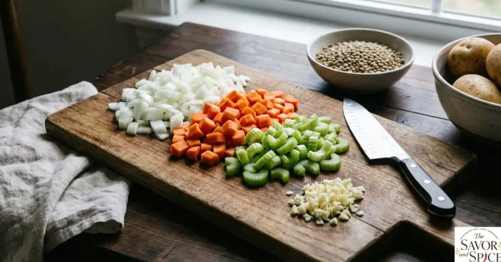 Preparing ingredients to make lentil stew.