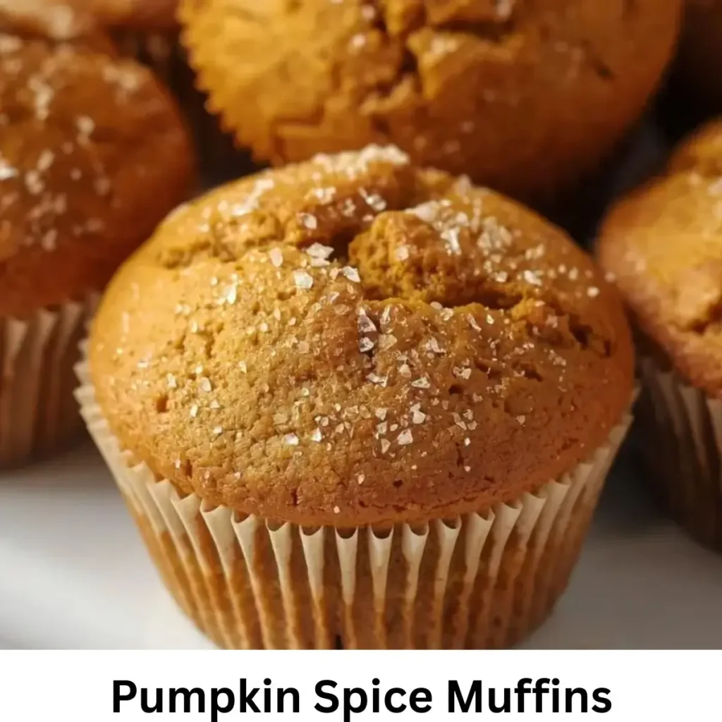 Freshly baked pumpkin spice muffins with a golden brown top and warm autumn spices.
