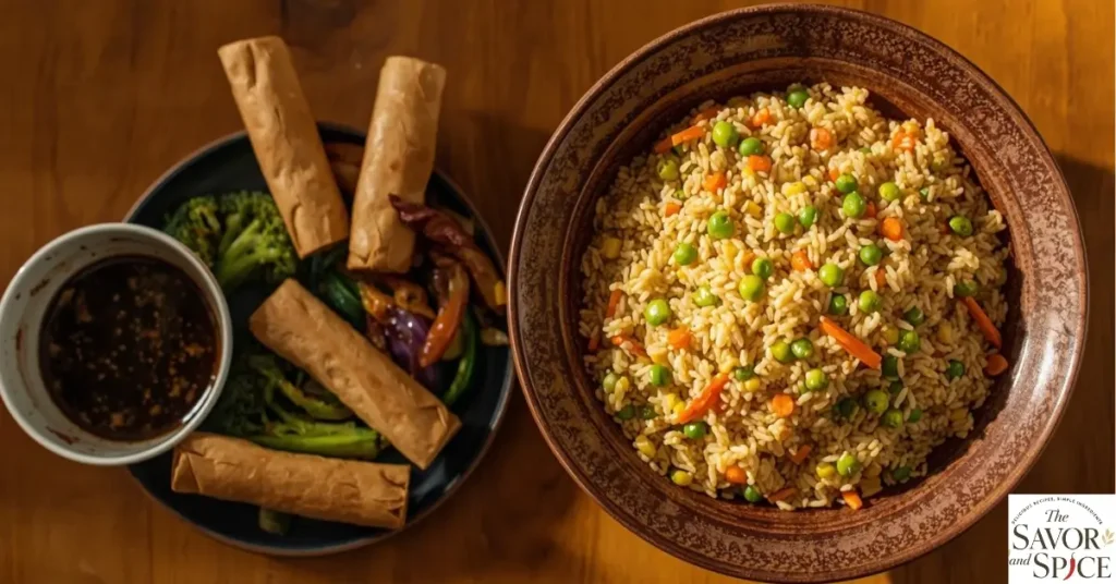 Quick Vegetable fried rice served with spring rolls, stir-fried vegetables, and dipping sauce on a wooden table for a complete meal.