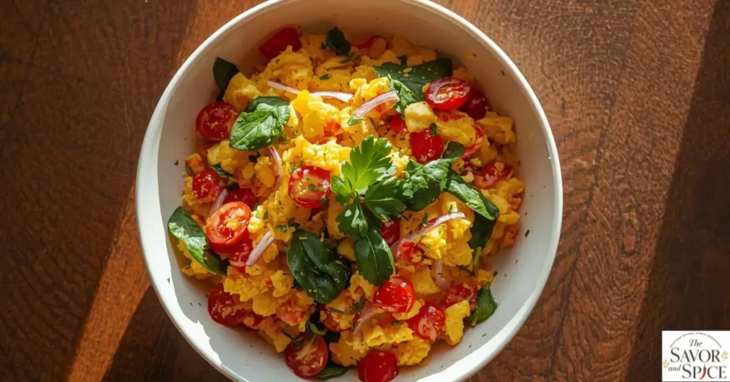 Quick vegetable scramble with eggs, peppers, spinach, and cherry tomatoes.