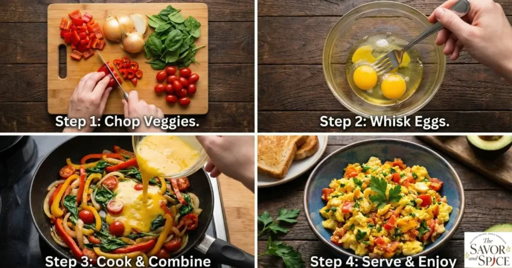 Step 1: Chopped vegetables for scramble.
Step 2: Beating eggs for scramble.
Step 3: Cooking vegetable scramble in pan.
Step 4: Served vegetable scramble in bowl.