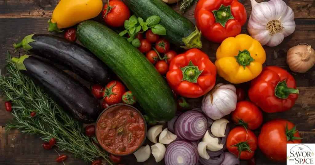 Ingredients for a ratatouille recipe on a dark brown wooden table, including zucchini, eggplant, bell peppers, tomatoes, garlic, and fresh herbs.
