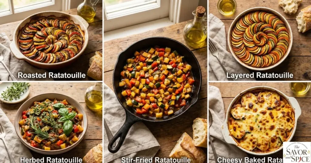 Collage of five homemade ratatouille recipe variations: roasted, layered, stir-fried, herbed, and cheesy, presented together on a rustic table.