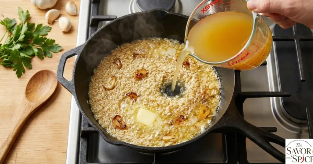 Pouring stock into sautéed garlic and rice, simmering on the stove for  Rice Recipe.