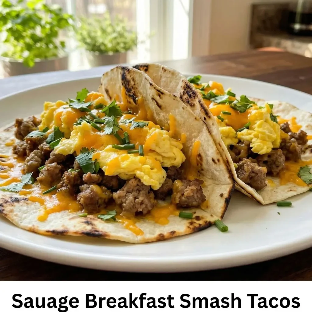 Sausage breakfast smash tacos with scrambled eggs, cheese, and fresh cilantro.