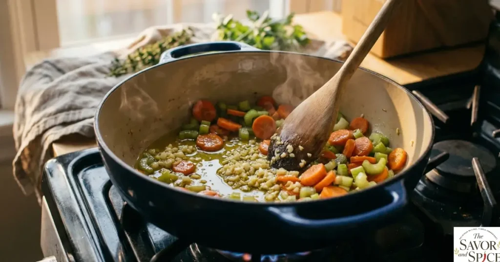 Sautéing aromatics to make a one-pot lentil stew.