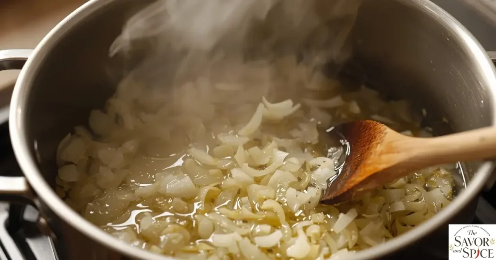 Sautéing onions and garlic in olive oil for vegetable soup recipe.