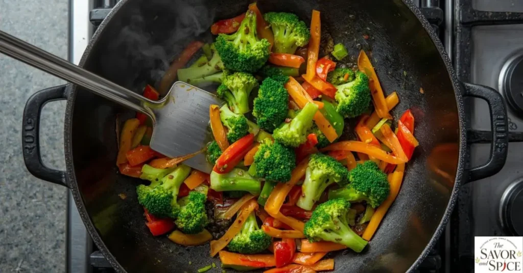 Broccoli and bell peppers stir-frying in a wok for a quick healthy dinner.