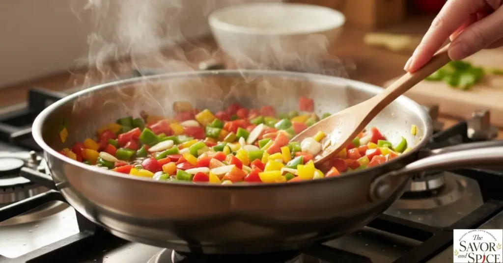Sautéing veggies to make  Creamy white sauce pasta without cream.