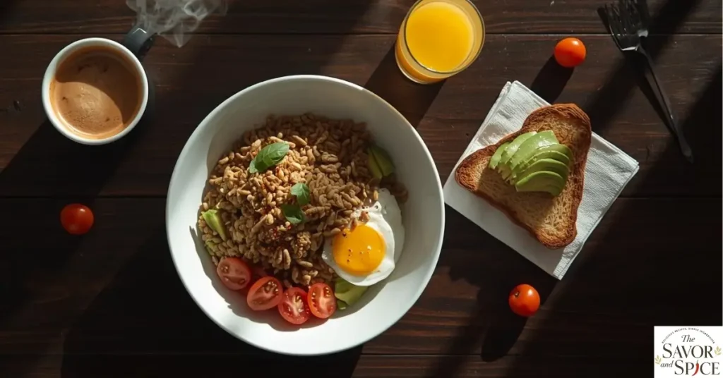 High-Protein Breakfast Bowl served on dark wooden table with coffee, avocado toast, and cherry tomatoes.