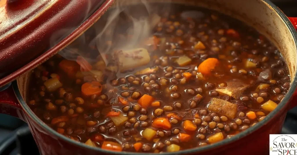 Simmering hearty lentil stew broth.