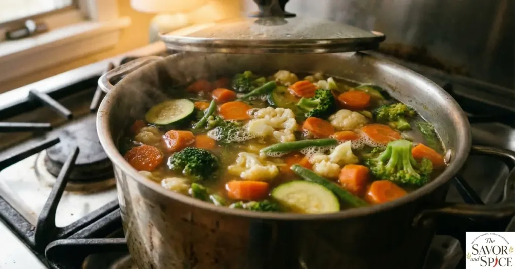 Vegetable soup simmering on stove for vegetable soup a quick meal.