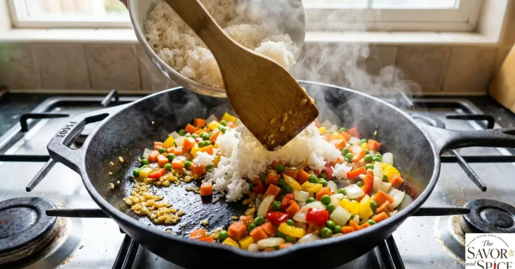 Cooked rice added to stir-fried vegetables in a pan on the stove.
