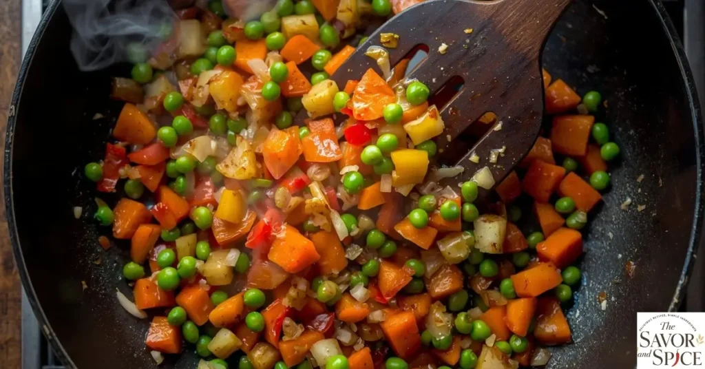 Chopped carrots, peas, bell peppers, and onions being stir-fried in a pan with sautéed garlic for vegetable fried rice.