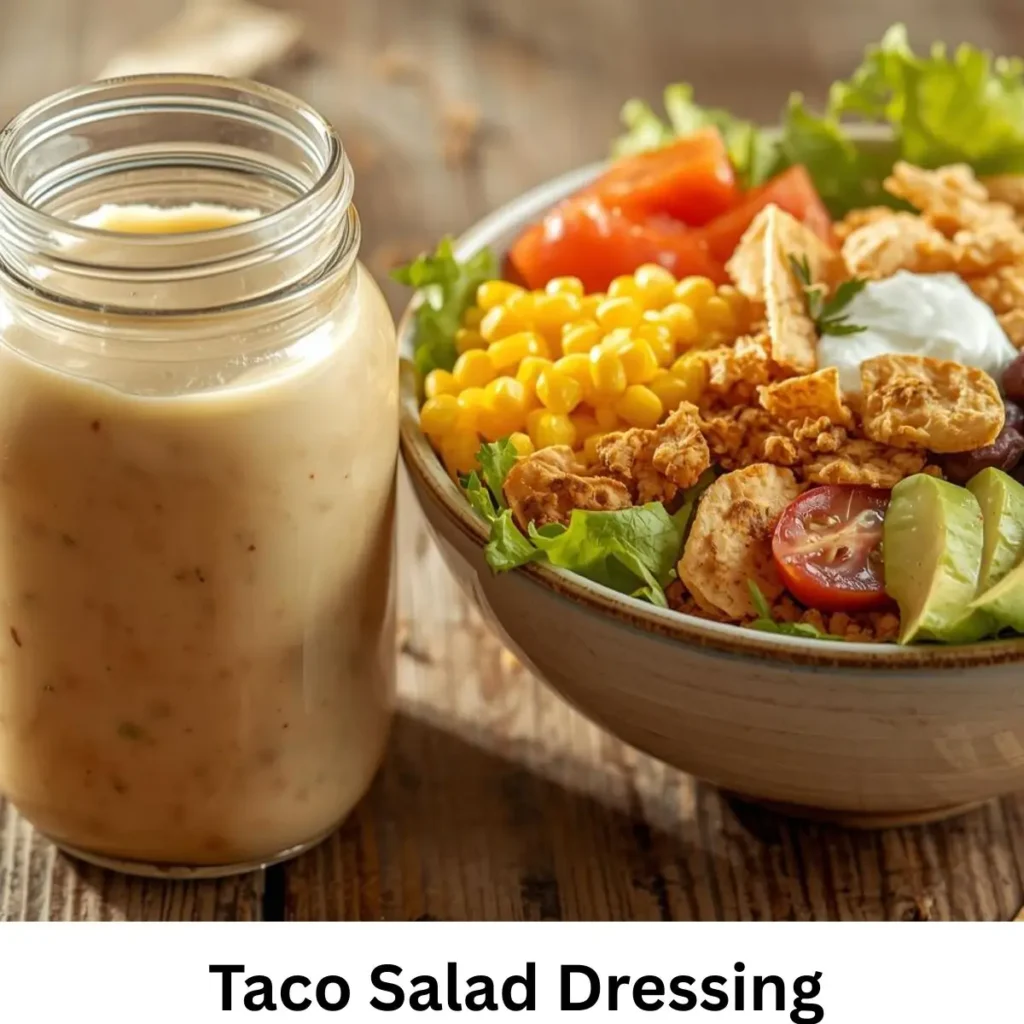 Homemade Easy taco salad dressing in a glass jar with fresh herbs.