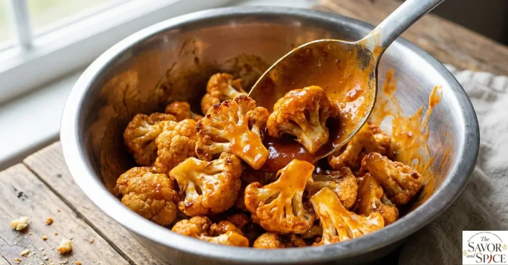Spicy cauliflower florets being tossed in buffalo sauce for air fryer vegan bites.