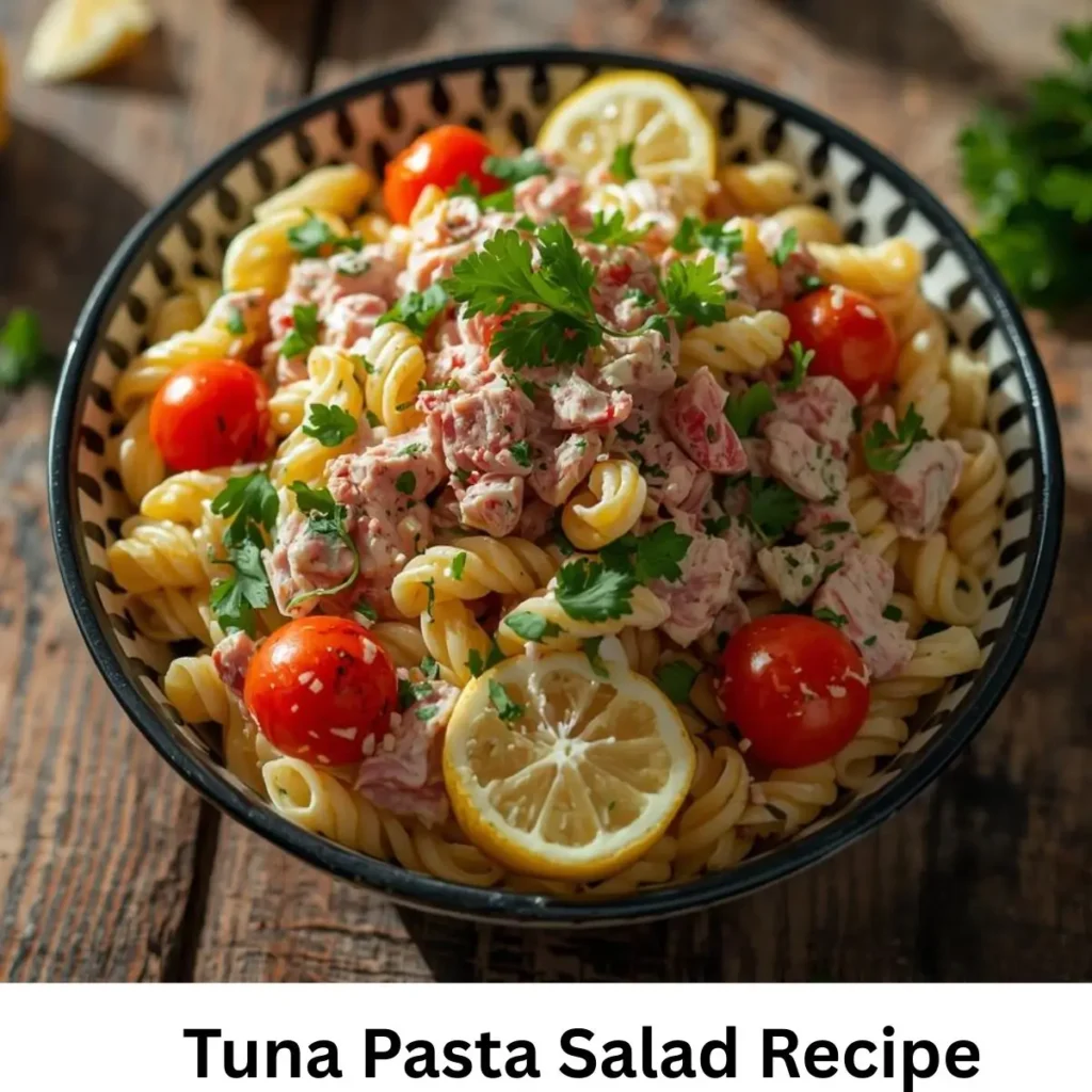 Tuna Pasta Salad with colorful vegetables and creamy dressing in a bowl.
