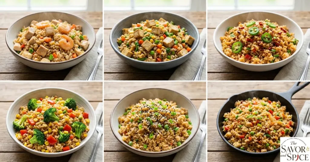 Vegetable fried rice variations with added protein, vegan and vegetarian options, spicy fried rice, mixed vegetables, sesame-flavored fried rice, and one-pan fried rice, all in colorful bowls on a kitchen table, perfect quick fried rice recipes.