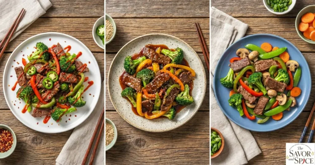 Three variations of Beef Stir Fry with Broccoli & Bell Peppers including spicy, sweet, and vegetable options.