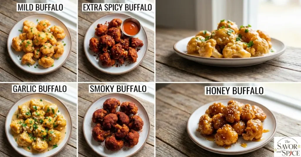 Collage of different air fryer buffalo cauliflower bites variations: mild, spicy, garlic, smoky, and honey.