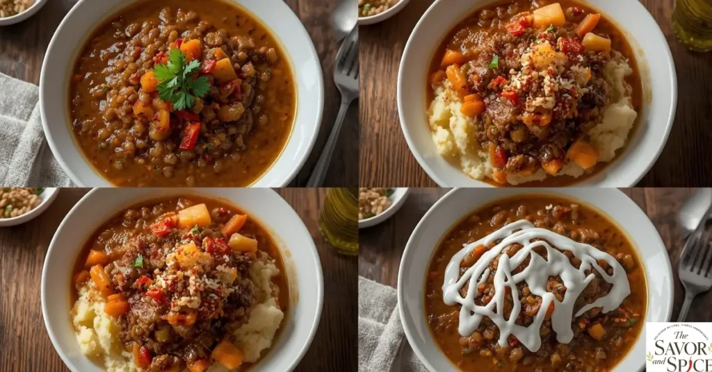 Collage of lentil stew over mashed potatoes in four different variations with garnishes.