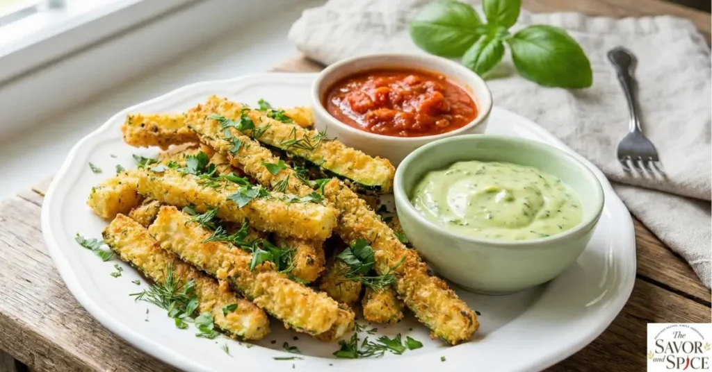 Crispy golden vegan zucchini fries freshly cooked in an air fryer, served on a white plate with fresh herbs and vegan dips like marinara and avocado sauce, healthy and appetizing snack.