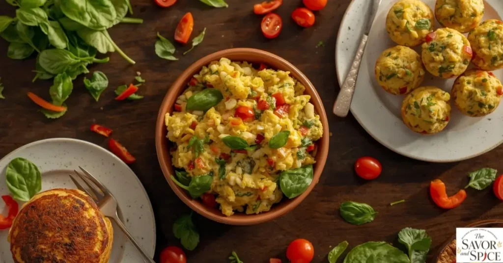 Colorful assortment of vegetables like bell peppers, spinach, zucchini, and tomatoes for a healthy vegetable breakfast idea.