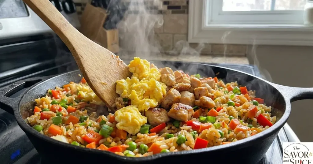 Scrambled eggs and chicken bites added to best vegetable fried rice in a pan.