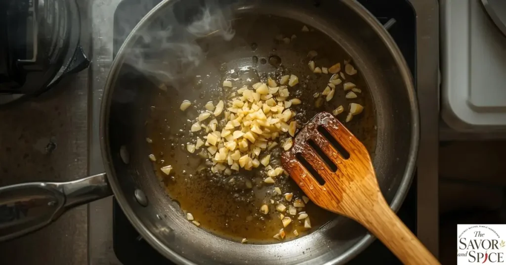 Minced garlic sizzling in a hot pan with oil on the stove, being sautéed for vegetable fried rice.