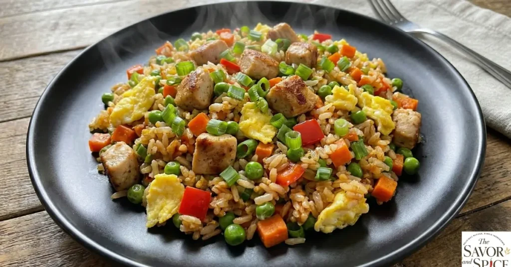 Vegetable fried rice in 15 minutes with scrambled egg and chicken, garnished with green onions on a black plate.