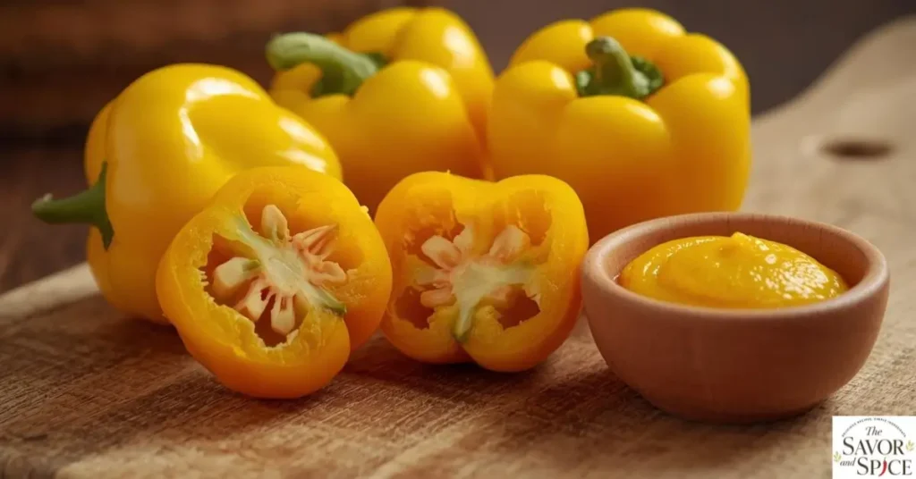 Fresh bright yellow Ají Amarillo peppers, whole and sliced, with a small bowl of Ají Amarillo paste on a rustic wooden board.
