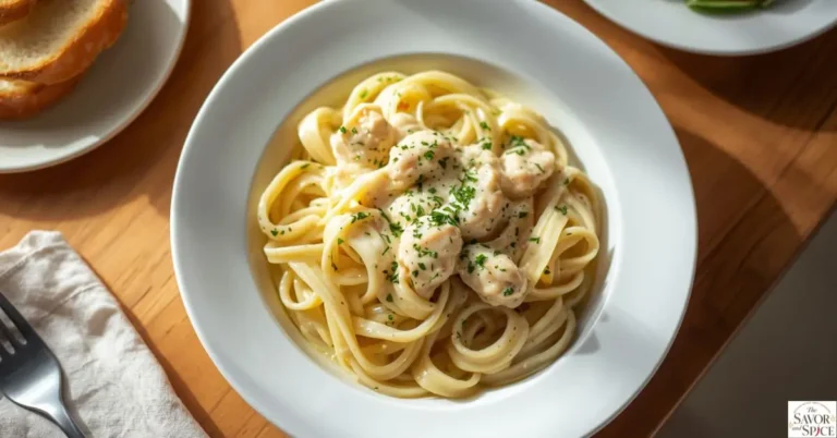 Creamy white sauce pasta without cream served in a bowl with garlic bread and fresh herbs, healthy homemade pasta recipe