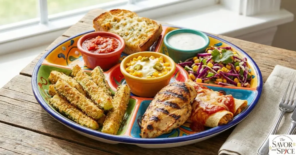 Crispy air fryer zucchini fries served with Garlic Cheese Bread, Herb and Cheese Bread, grilled chicken, Mexican coleslaw, and dipping sauces like marinara, ranch, and corn dip, creating a colorful and appetizing healthy meal plate.