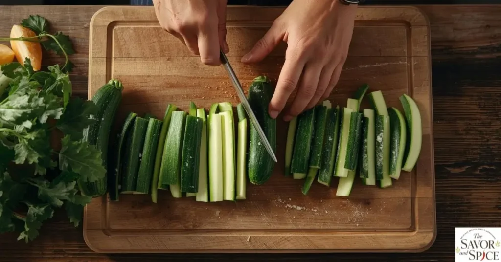 slicing whole zucchinis into sticks on a wooden cutting board, preparing fresh zucchini for crispy healthy zucchini fries, bright and appetizing kitchen setting.